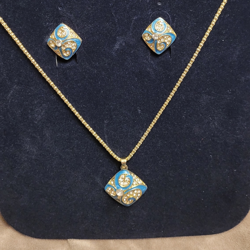 Blue and gold tones asymmetrical Earrings & Necklace set